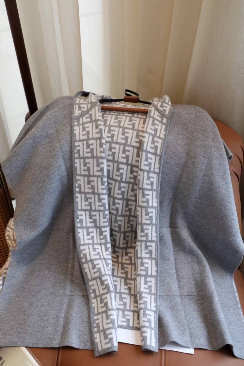 Fendi Dual-Sided Wool Cashmere Blend Monogram Cape Scarf - Grey view