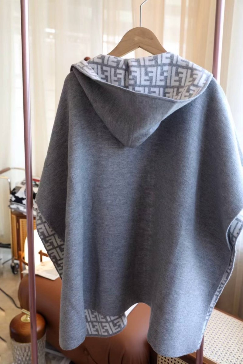 Fendi Dual-Sided Wool Cashmere Blend Monogram Cape Scarf - Grey view