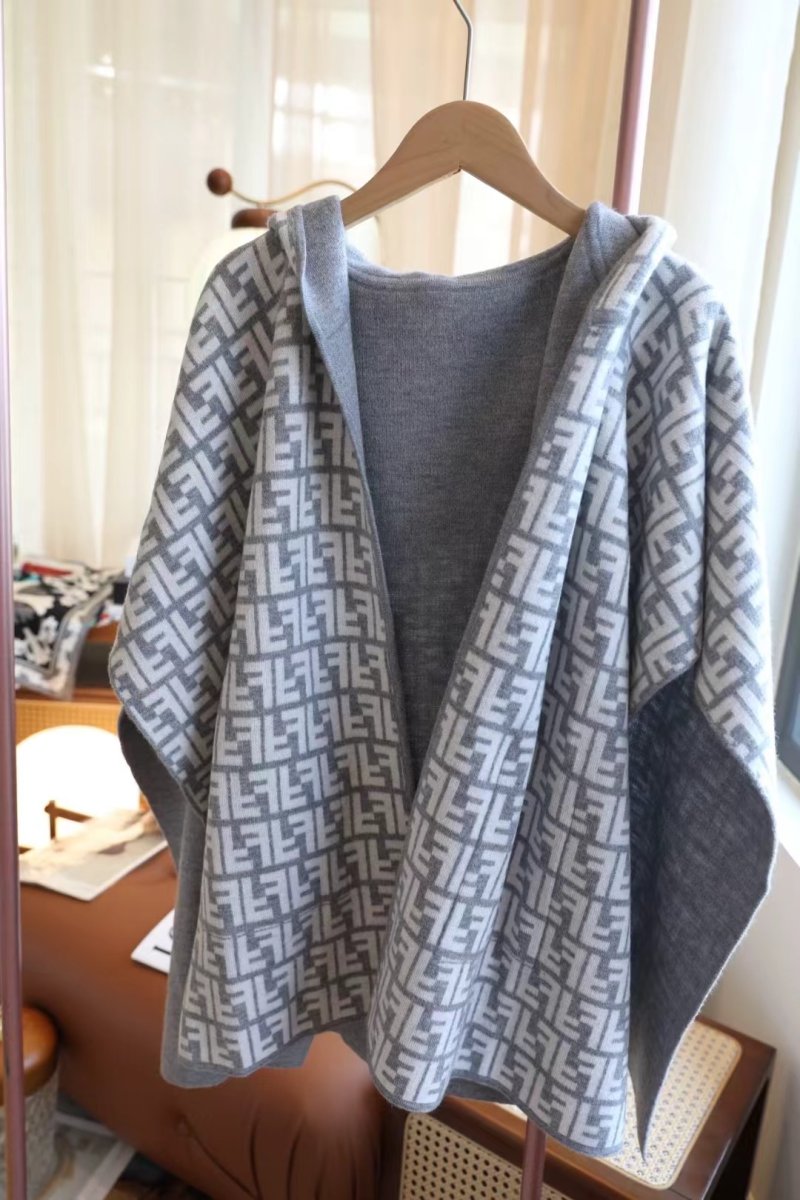 Fendi Dual-Sided Wool Cashmere Blend Monogram Cape Scarf - Grey view