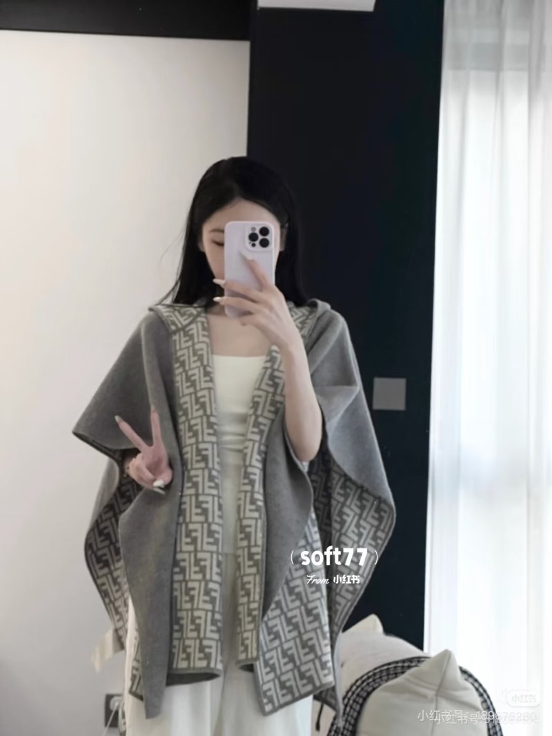 Fendi Dual-Sided Wool Cashmere Blend Monogram Cape Scarf - Grey view