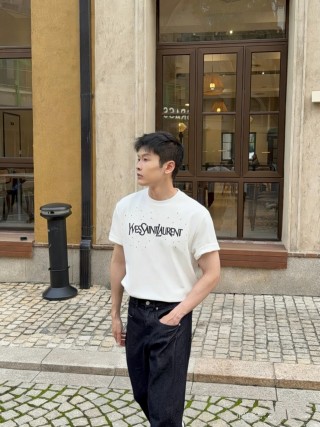 Yves Saint Laurent Distressed Logo Rhinestone White T-Shirt view 2