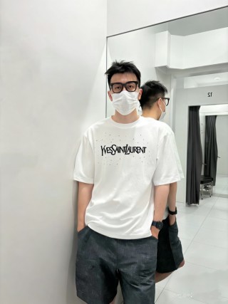 Yves Saint Laurent Distressed Logo Rhinestone White T-Shirt view 3