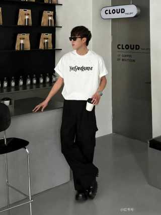 Yves Saint Laurent Distressed Logo Rhinestone White T-Shirt view 6