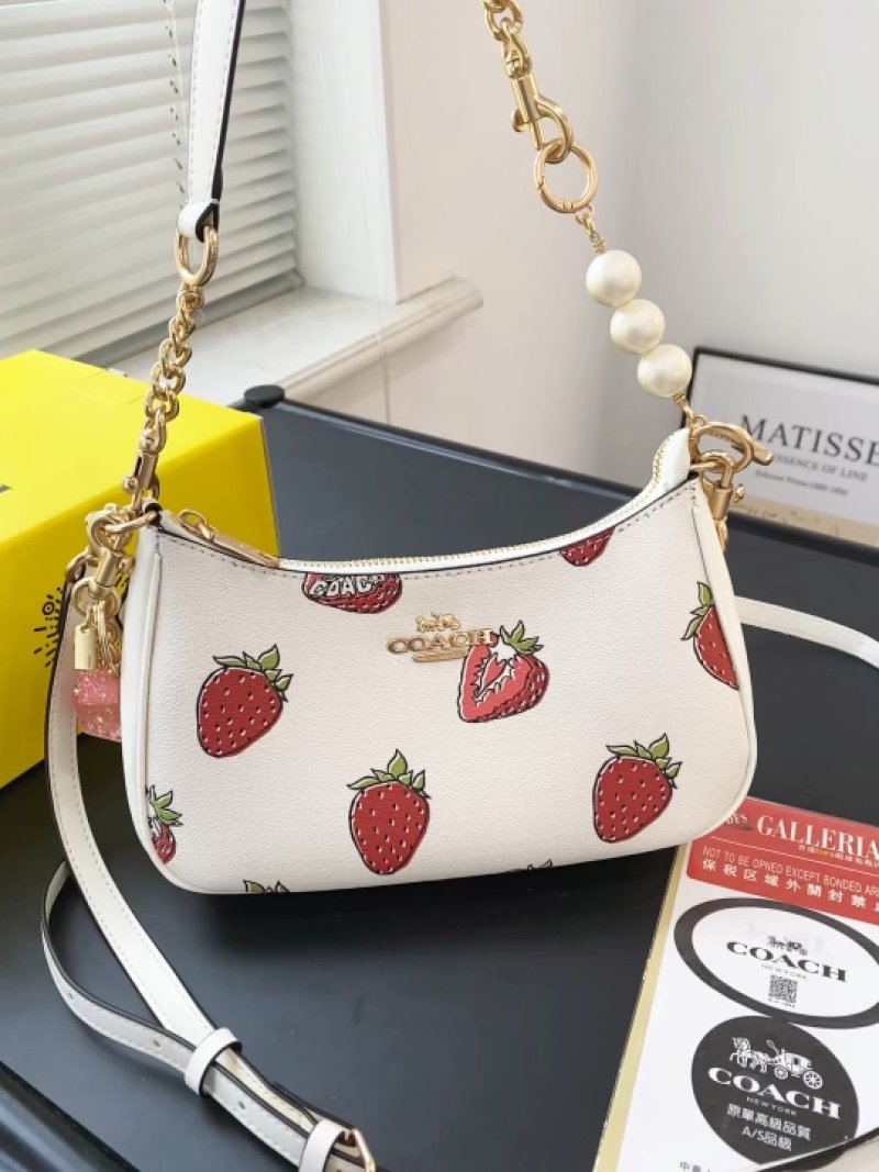 Coach Strawberry Print White Leather Shoulder Bag