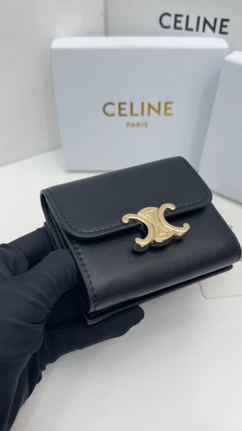 Celine Triomphe Black Leather Compact Wallet