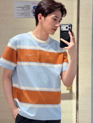 Striped Color-Block Short Sleeve T-Shirt - Blue/Orange view 1