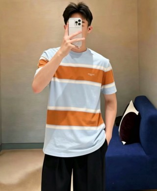 Striped Color-Block Short Sleeve T-Shirt - Blue/Orange view 7