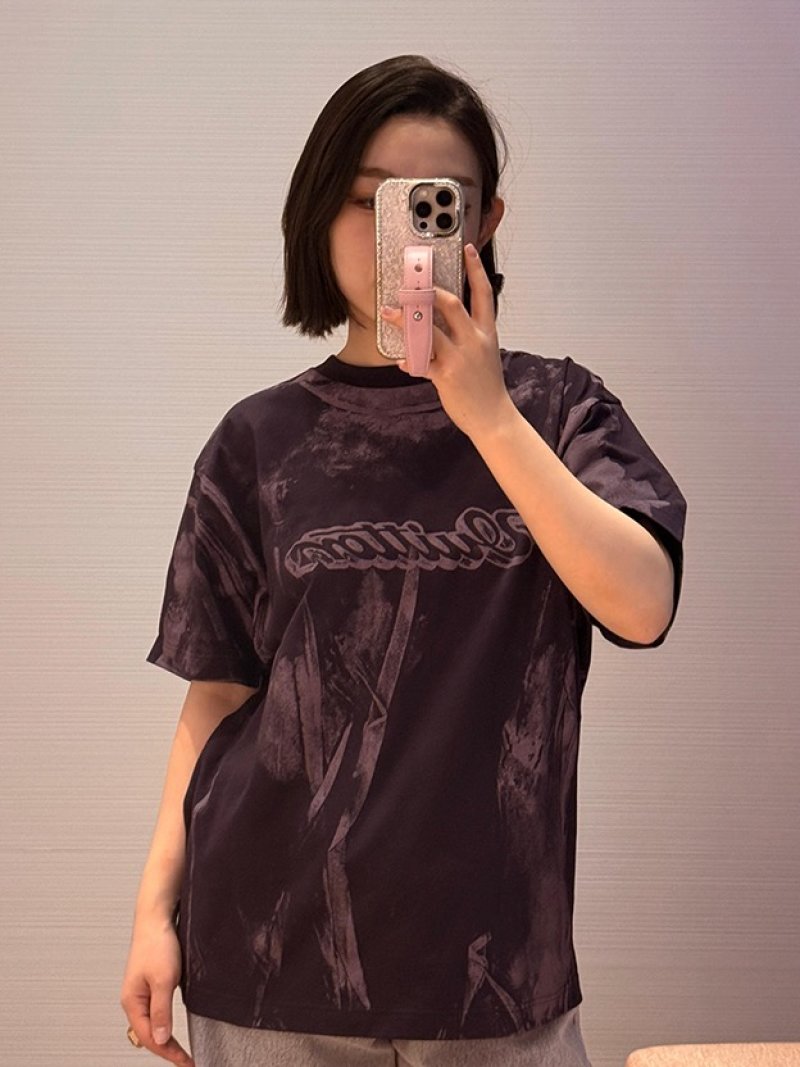 Oversized Graphic Print Velvet T-Shirt – Brown