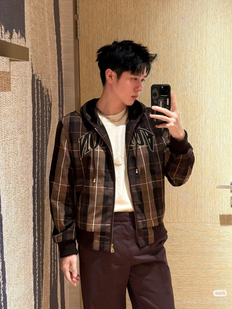 Brown Plaid Zip Hoodie Jacket with Graphic Print
