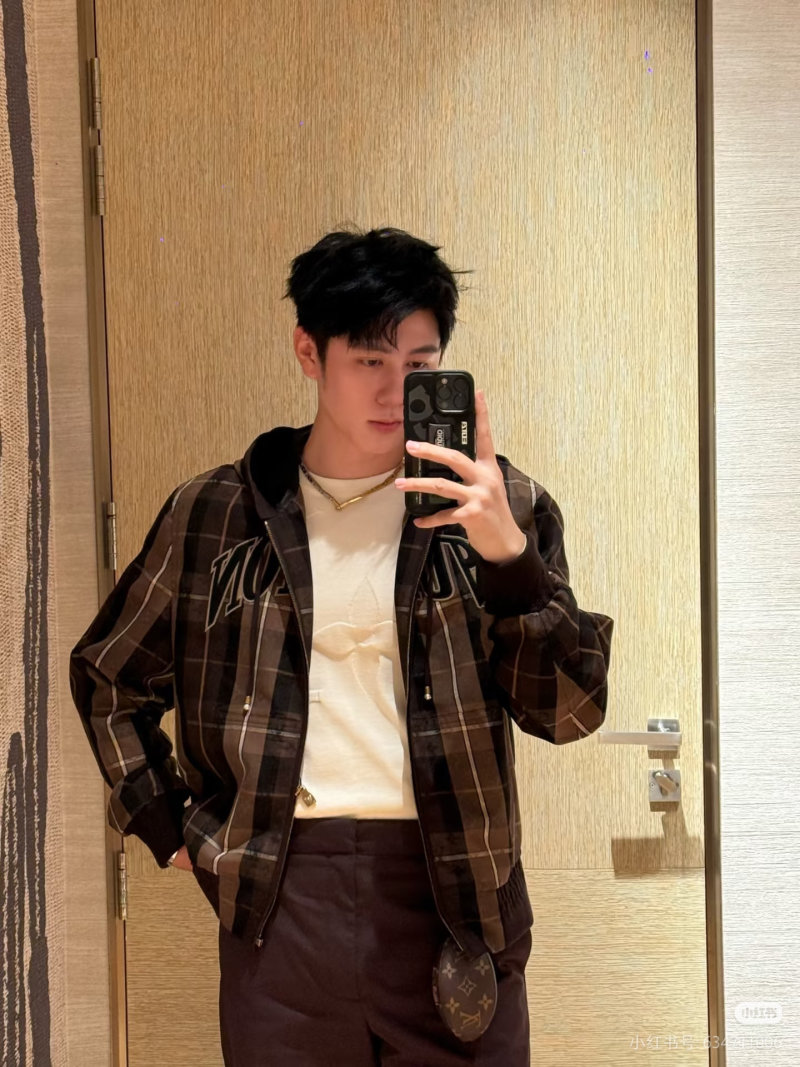 Brown Plaid Zip Hoodie Jacket with Graphic Print view