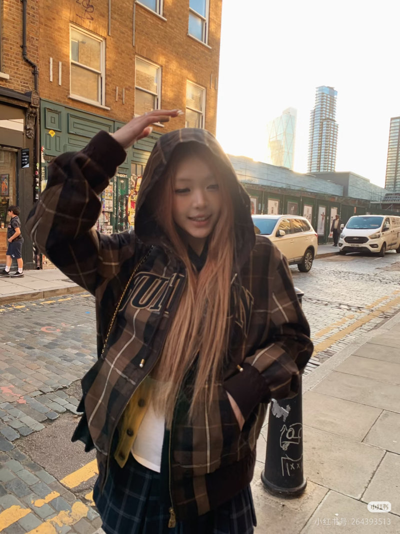 Brown Plaid Zip Hoodie Jacket with Graphic Print view