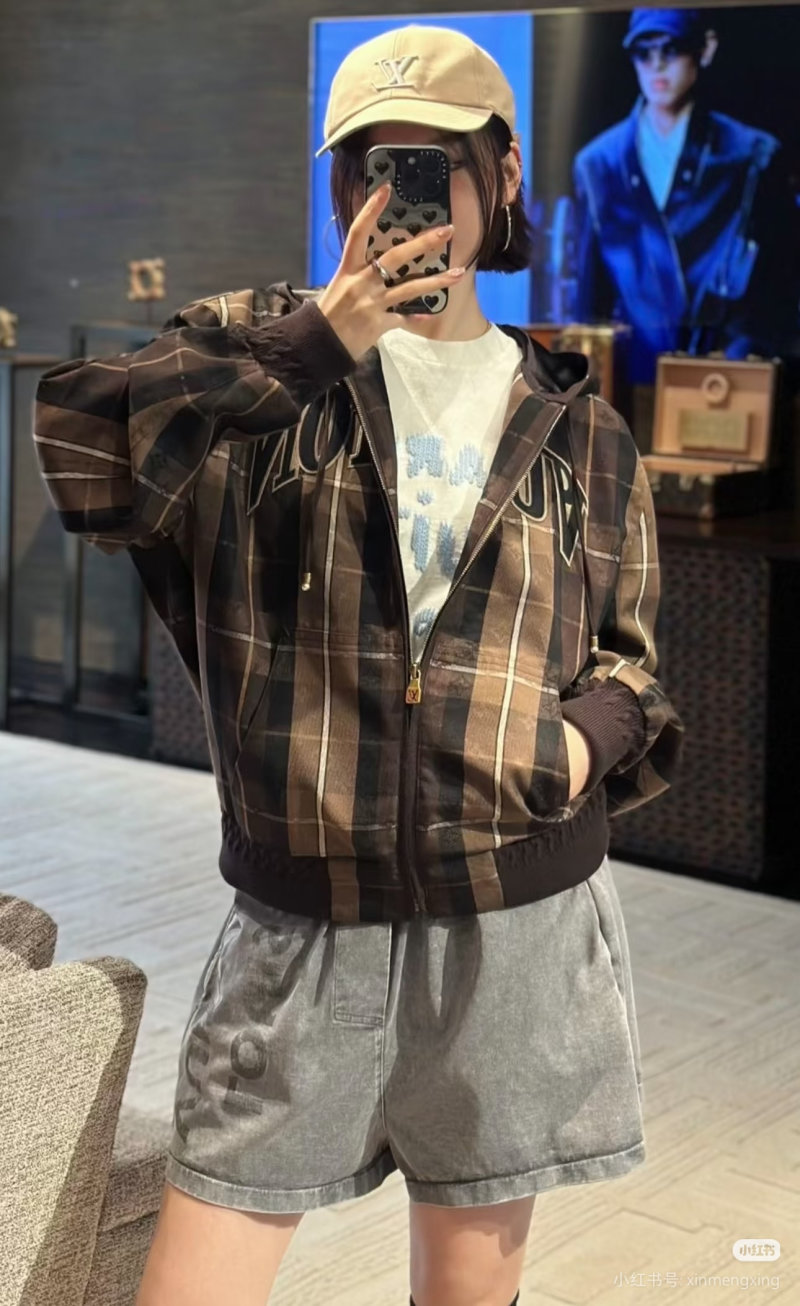 Brown Plaid Zip Hoodie Jacket with Graphic Print view