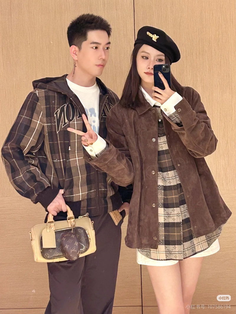 Brown Plaid Zip Hoodie Jacket with Graphic Print view