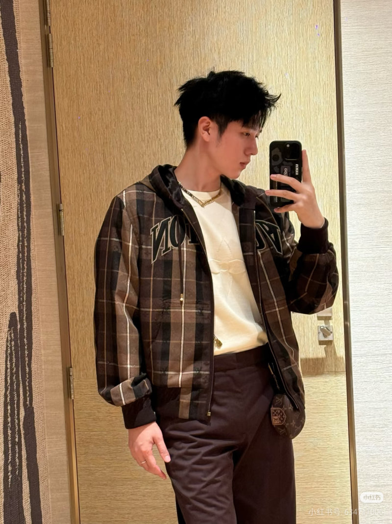 Brown Plaid Zip Hoodie Jacket with Graphic Print view