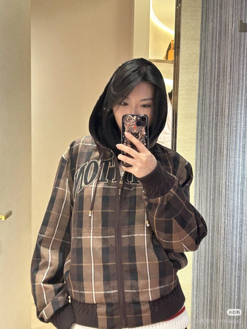Brown Plaid Zip Hoodie Jacket with Graphic Print view