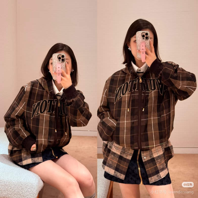 Brown Plaid Zip Hoodie Jacket with Graphic Print view