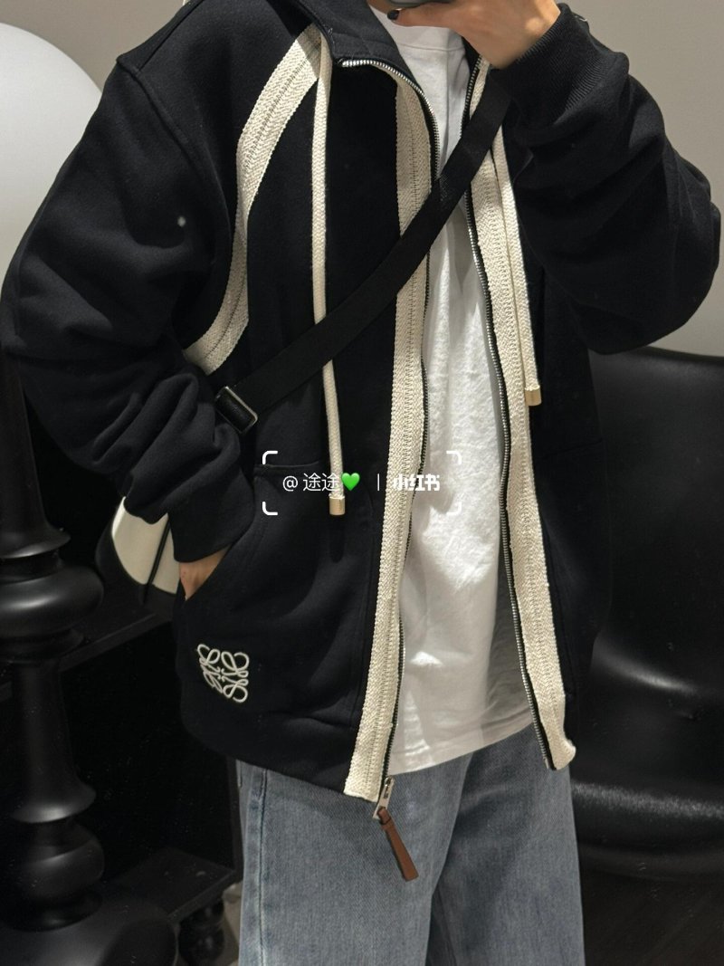 Loewe Black Wool Zip Hoodie Jacket Cream Lining