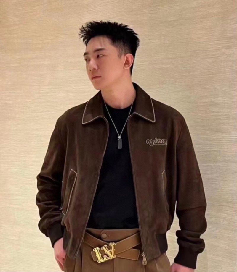 Brown Suede Bomber Jacket with Embroidered Logo
