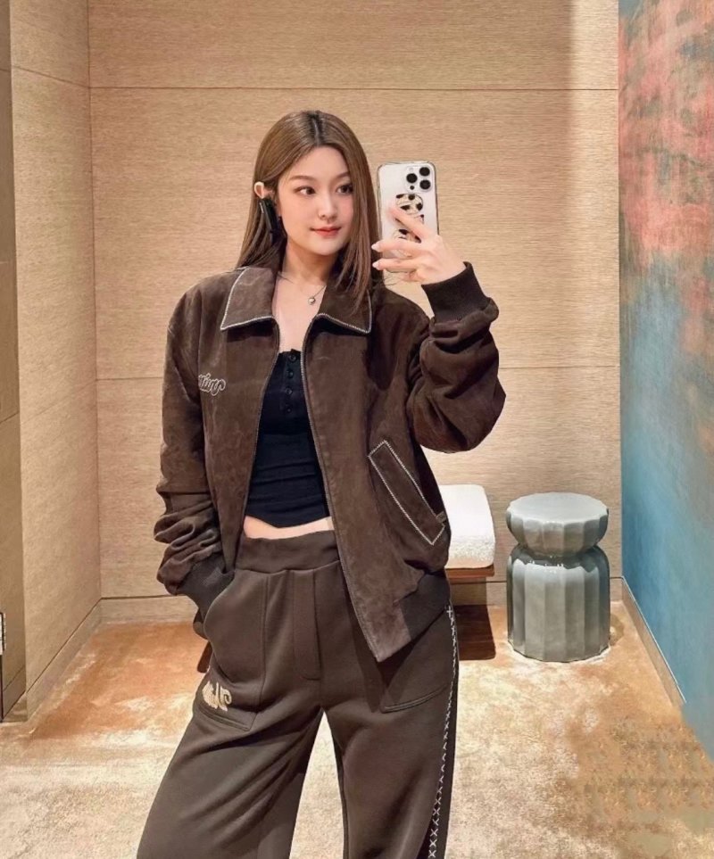 Brown Suede Bomber Jacket with Embroidered Logo view