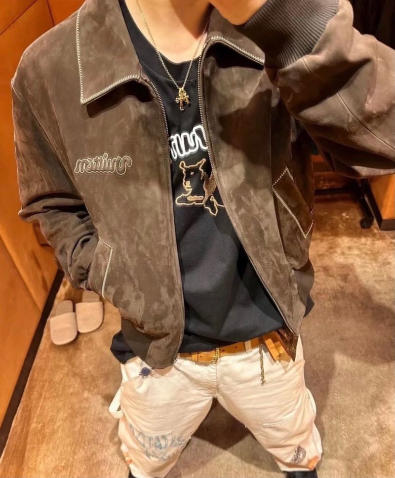 Brown Suede Bomber Jacket with Embroidered Logo view