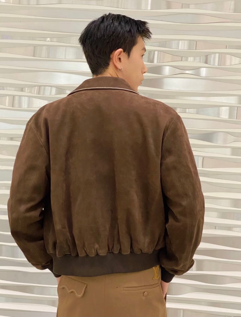 Brown Suede Bomber Jacket with Embroidered Logo view
