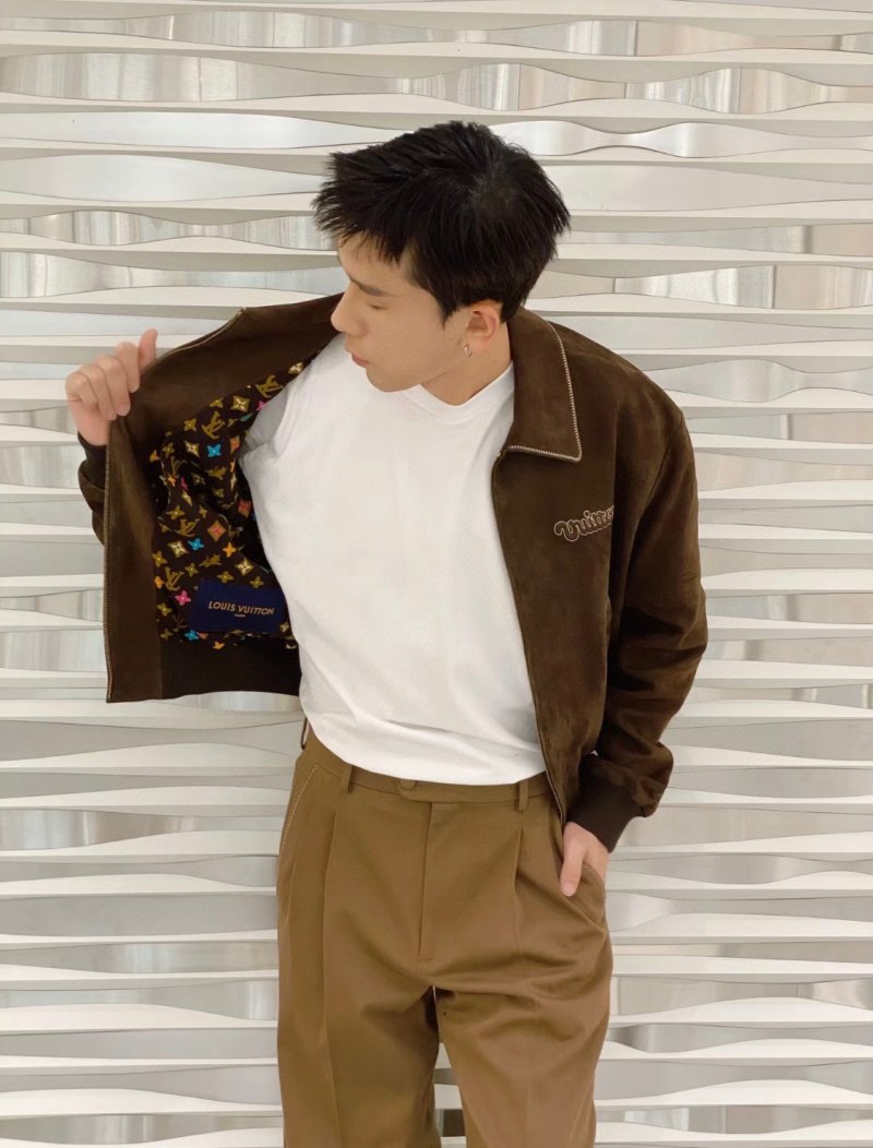 Brown Suede Bomber Jacket with Embroidered Logo view