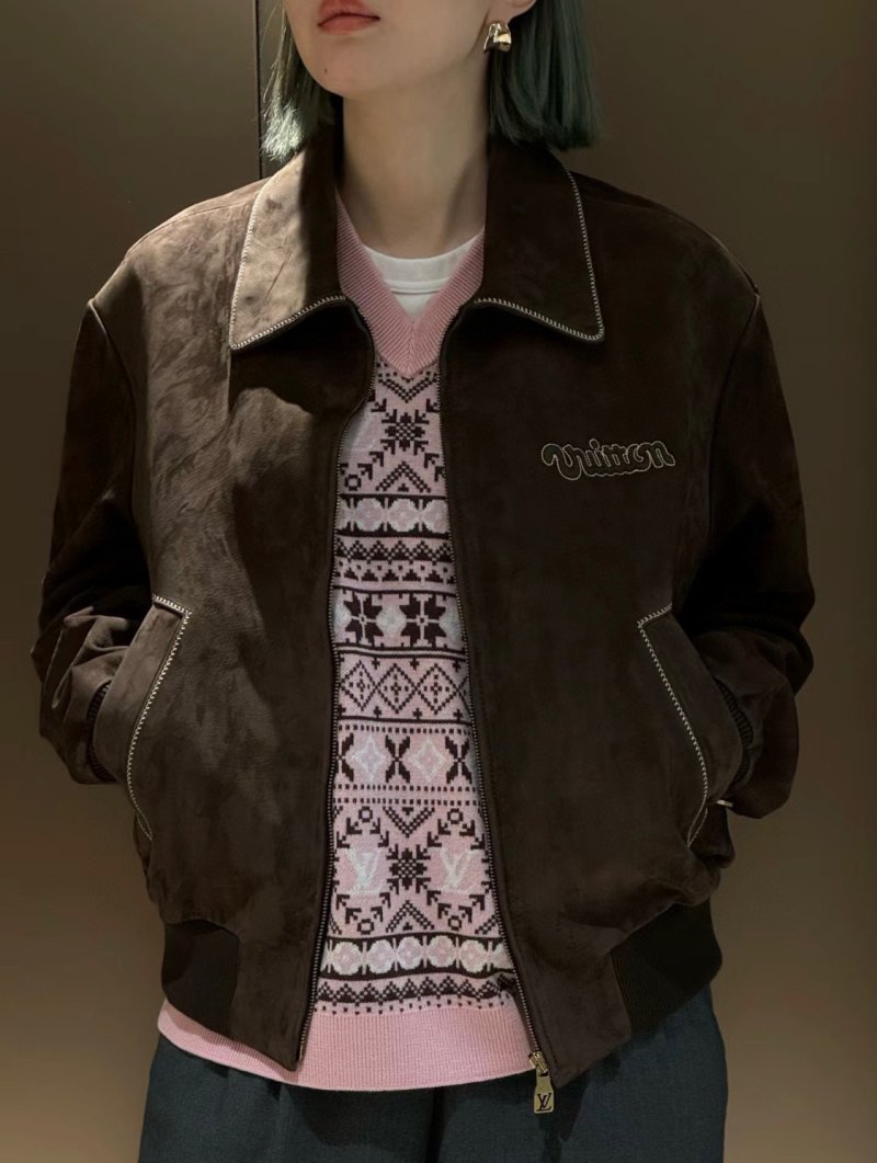 Brown Suede Bomber Jacket with Embroidered Logo view