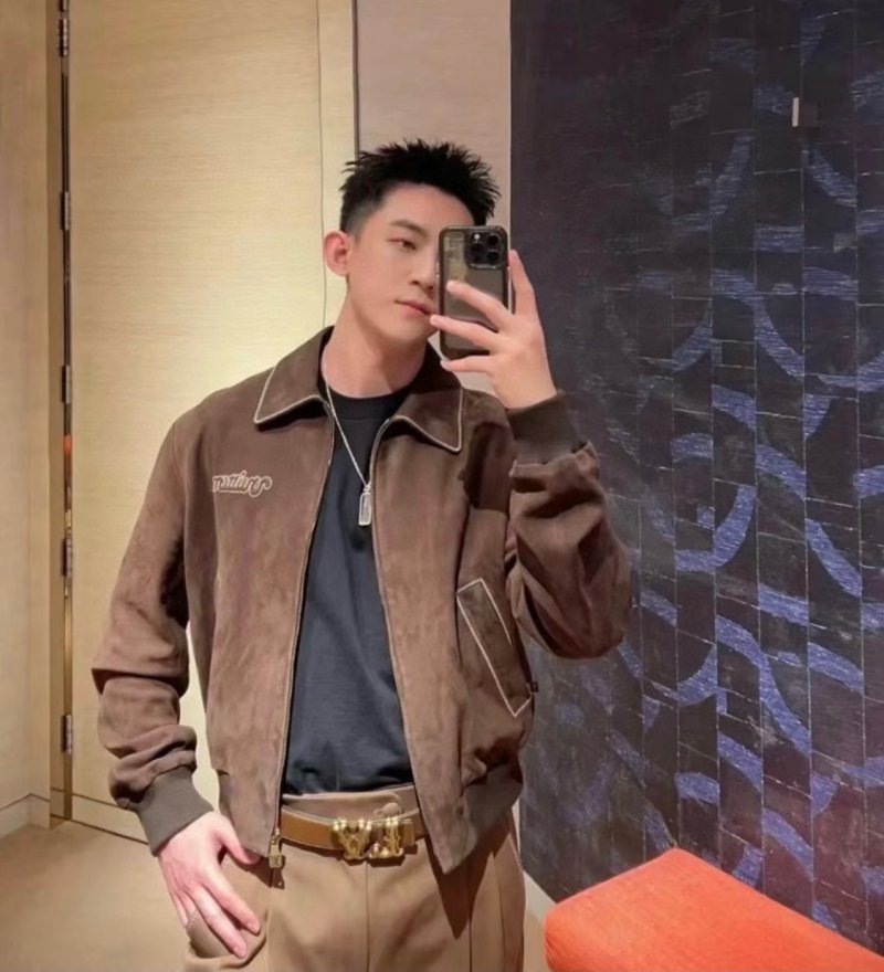Brown Suede Bomber Jacket with Embroidered Logo view