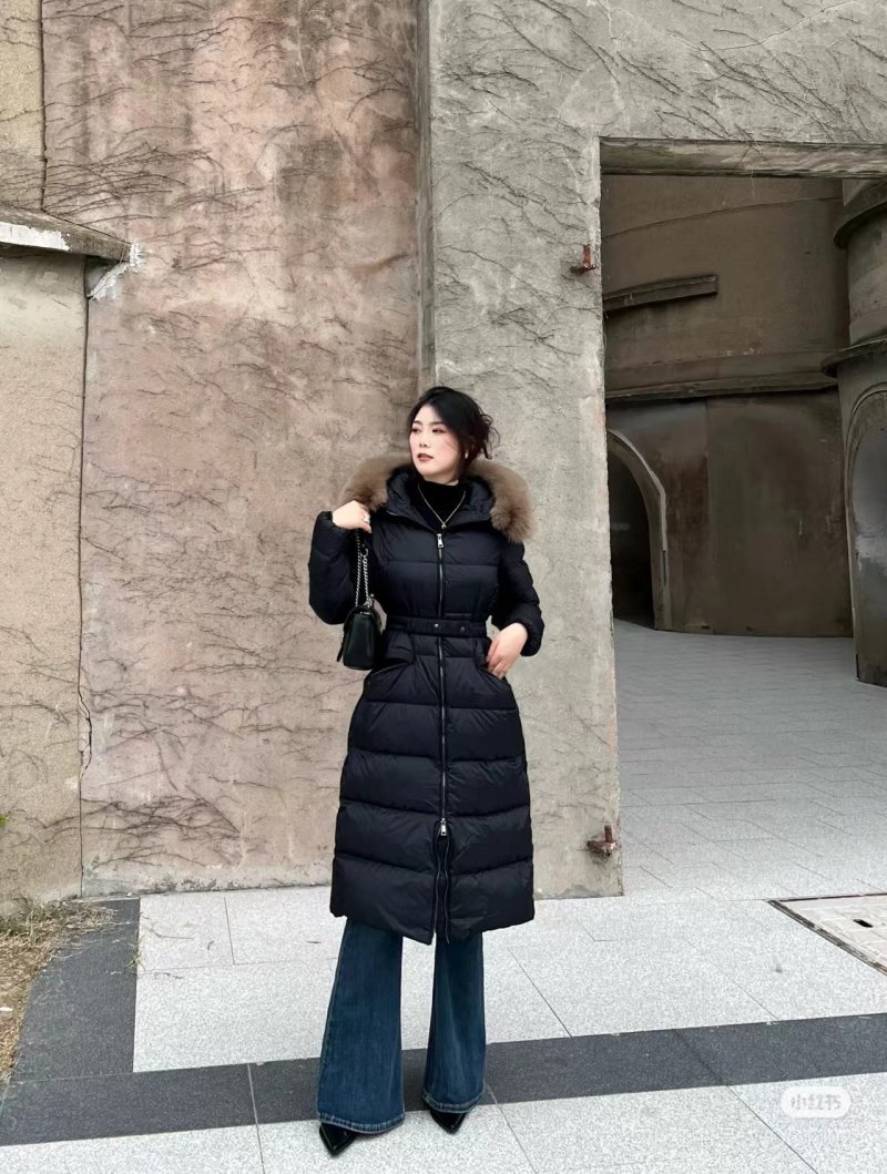 Black Quilted Puffer Down Jacket with Fur Collar view