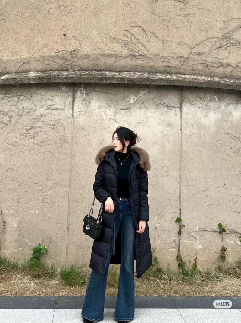 Black Quilted Puffer Down Jacket with Fur Collar view