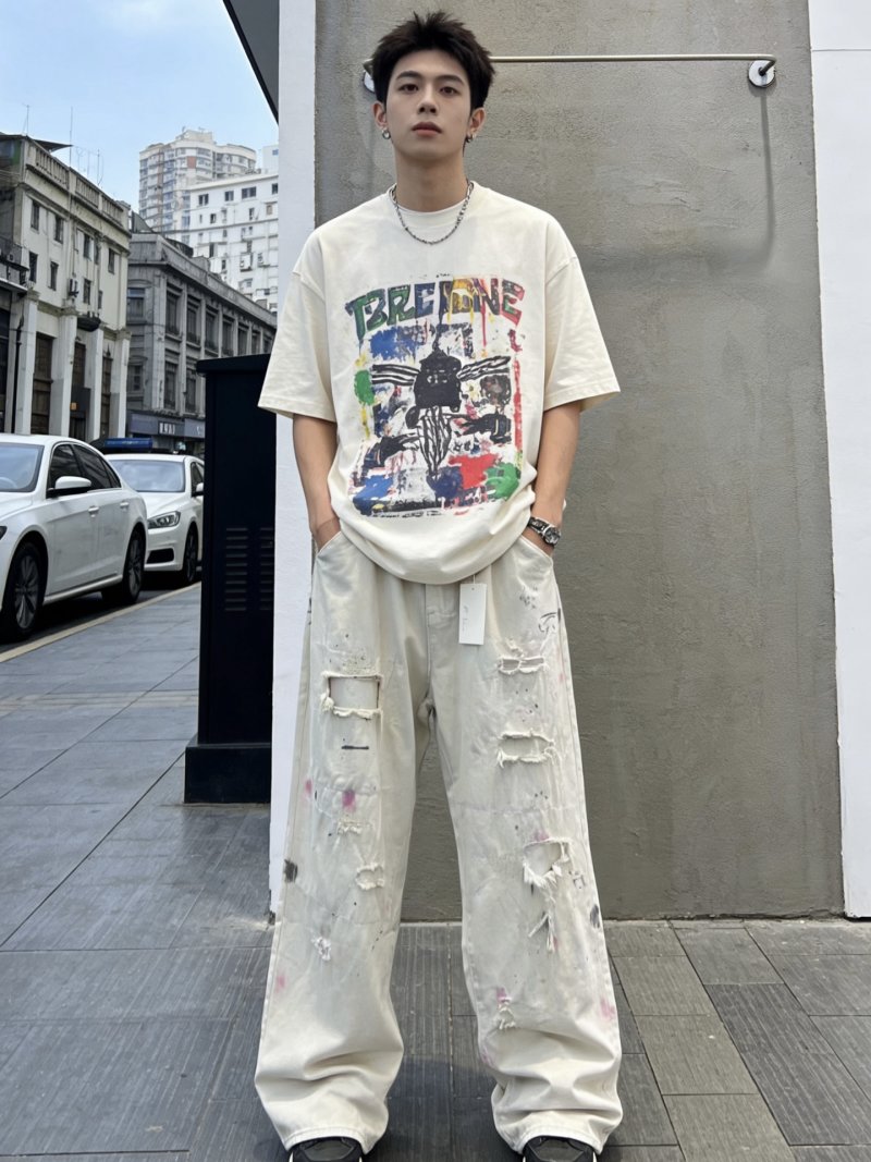 Cream Distressed Ripped Jeans with Paint Splatter