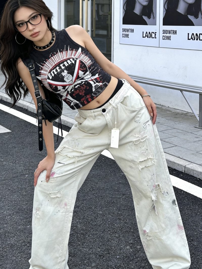 Cream Distressed Ripped Jeans with Paint Splatter view