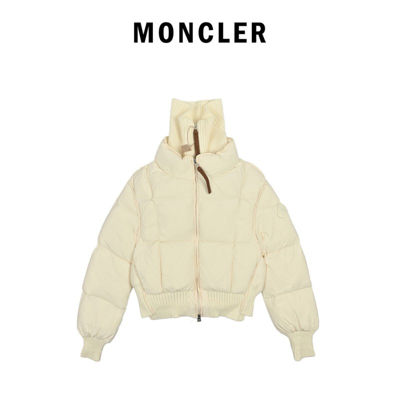 Women's Cream Puffer Down Jacket with Ribbed Collar view