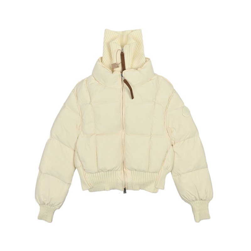 Women's Cream Puffer Down Jacket with Ribbed Collar view