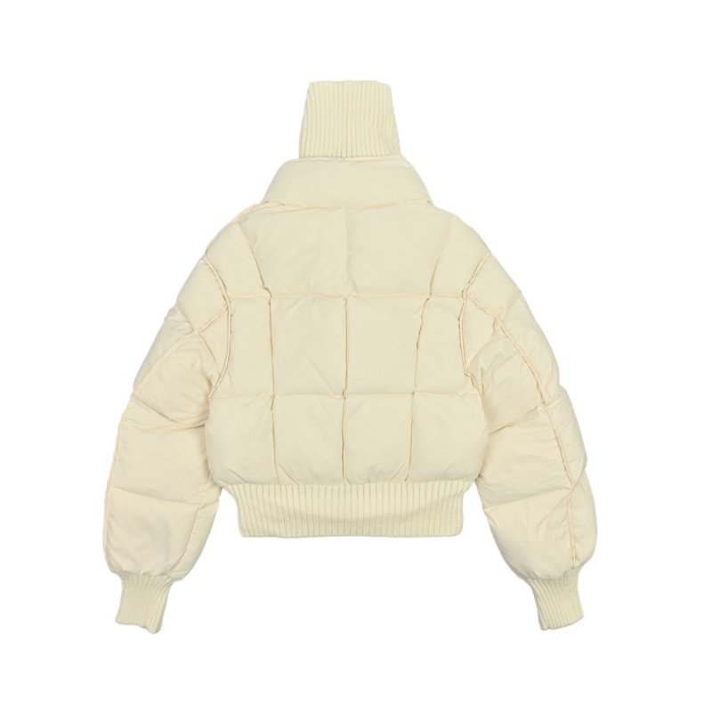 Women's Cream Puffer Down Jacket with Ribbed Collar view