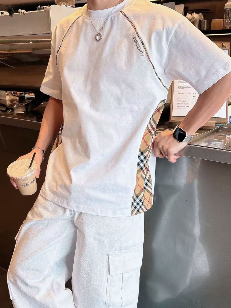 Burberry White Plaid Tape Short Sleeve T-Shirt