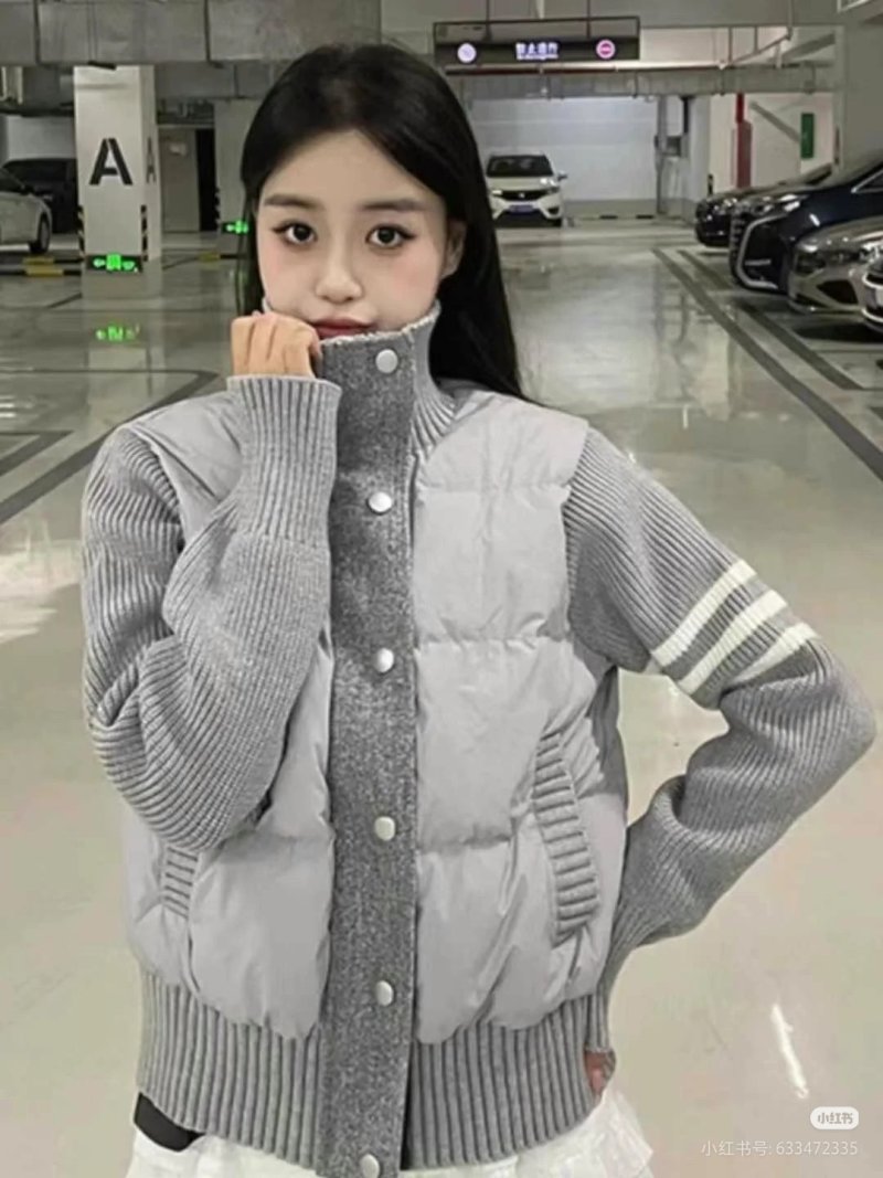 White & Grey Ribbed Sleeve Puffer Down Jacket