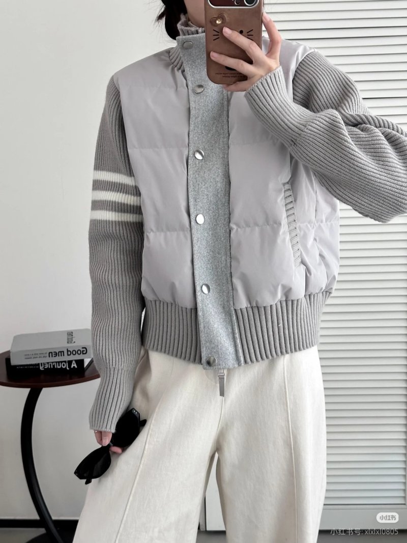 White & Grey Ribbed Sleeve Puffer Down Jacket view