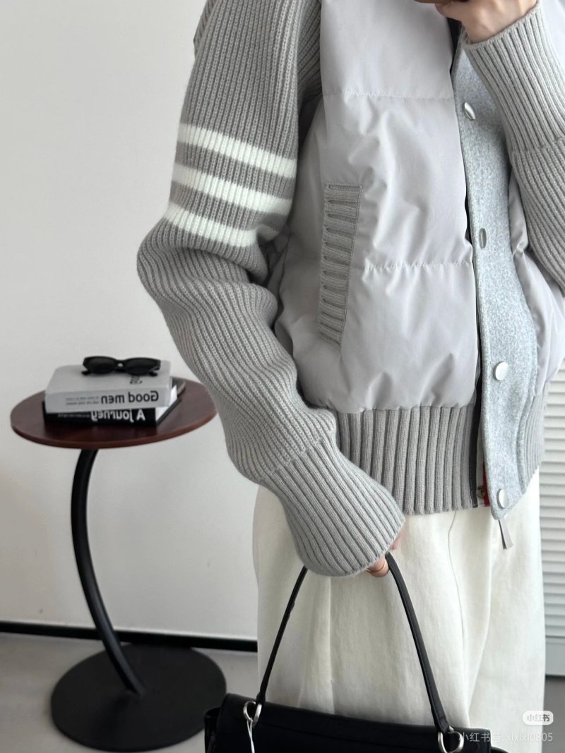 White & Grey Ribbed Sleeve Puffer Down Jacket view