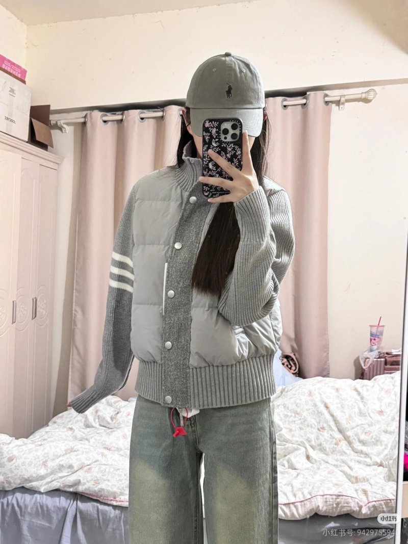 White & Grey Ribbed Sleeve Puffer Down Jacket view