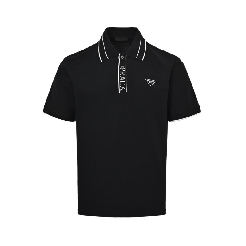 Prada Navy Polo Shirt with Striped Collar view
