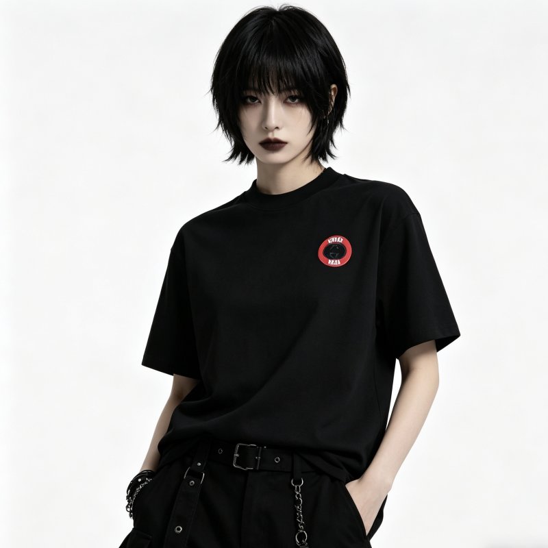 Black Short Sleeve T-Shirt with Red Circular Logo view
