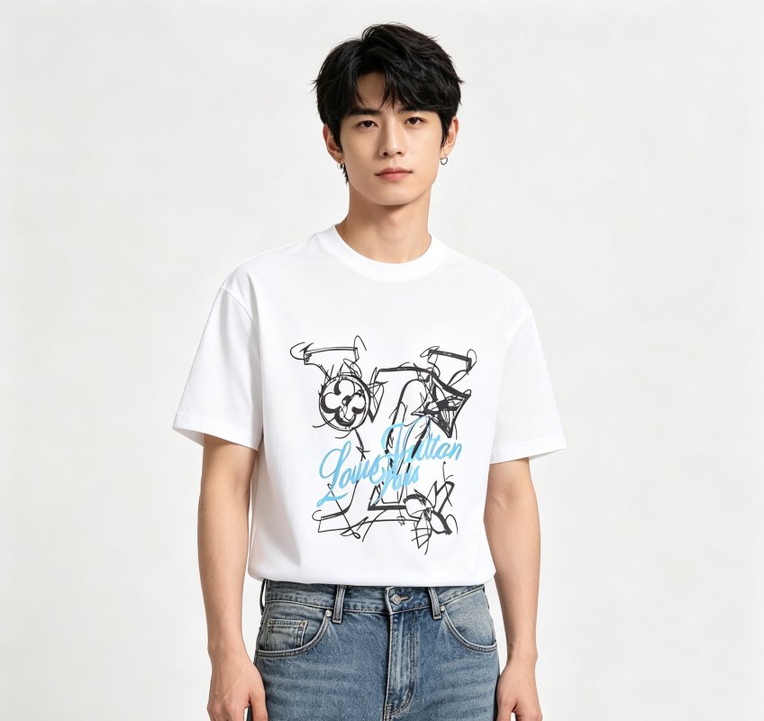 White Graphic Print Short Sleeve T-Shirt with Sketch Design