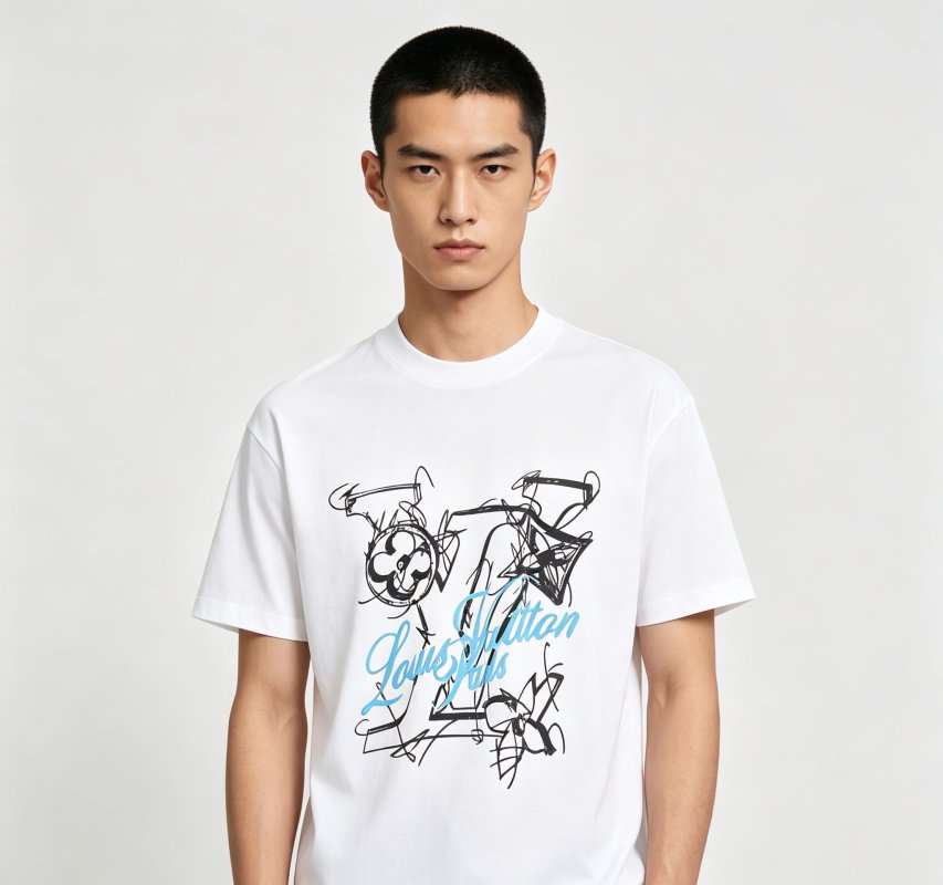 White Graphic Print Short Sleeve T-Shirt with Sketch Design view