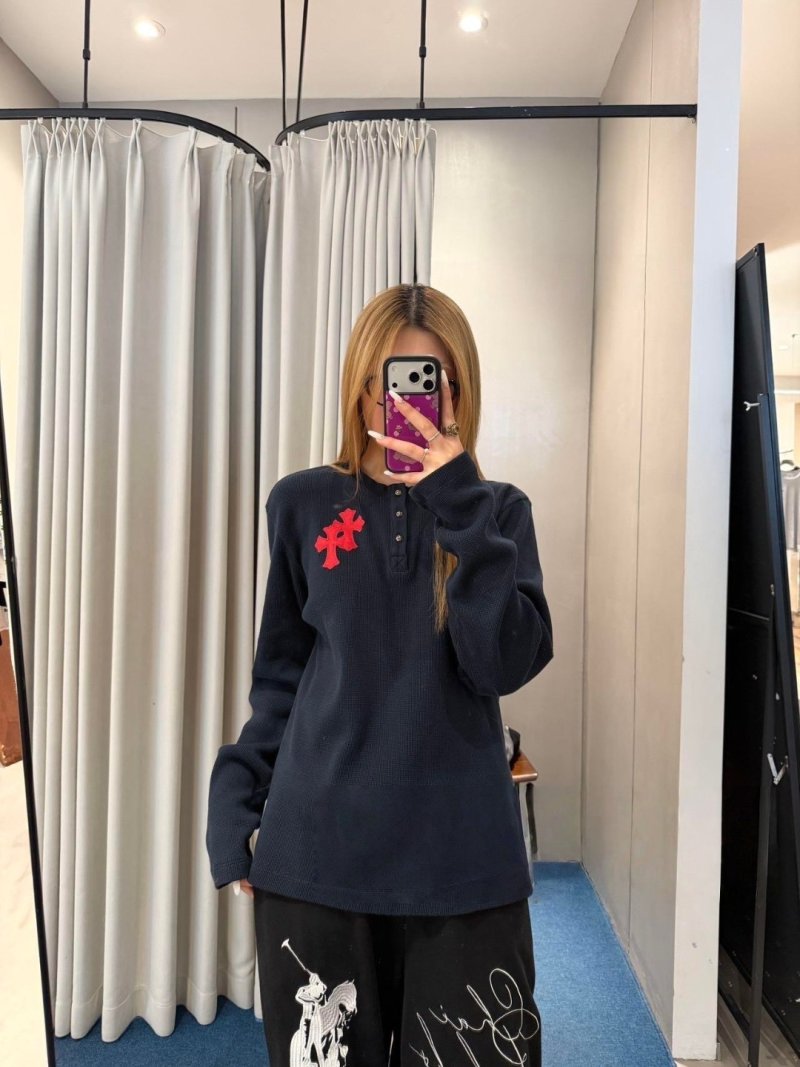 Chrome Hearts Black Long Sleeve Polo with Red Cross