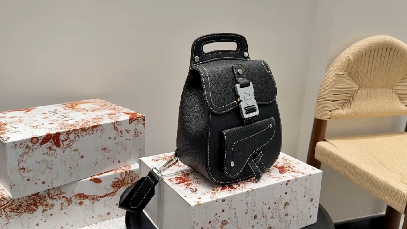 Black Leather Backpack with Buckle Closure