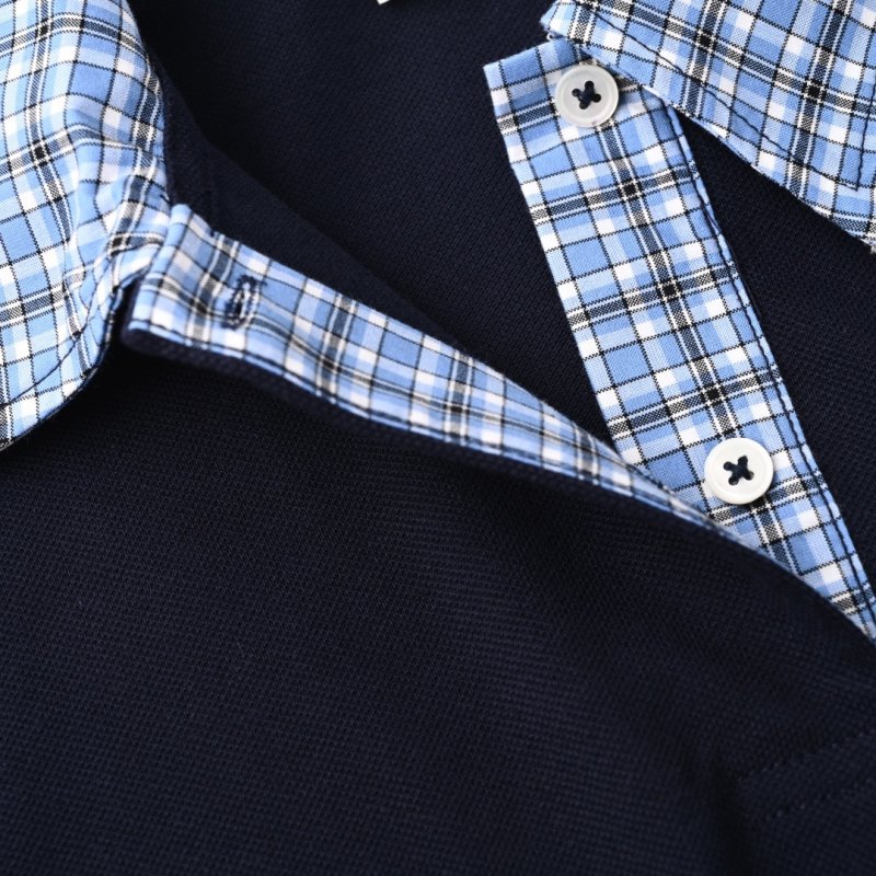 Lacoste Navy Blue Polo T-Shirt with Checkered Sleeves view