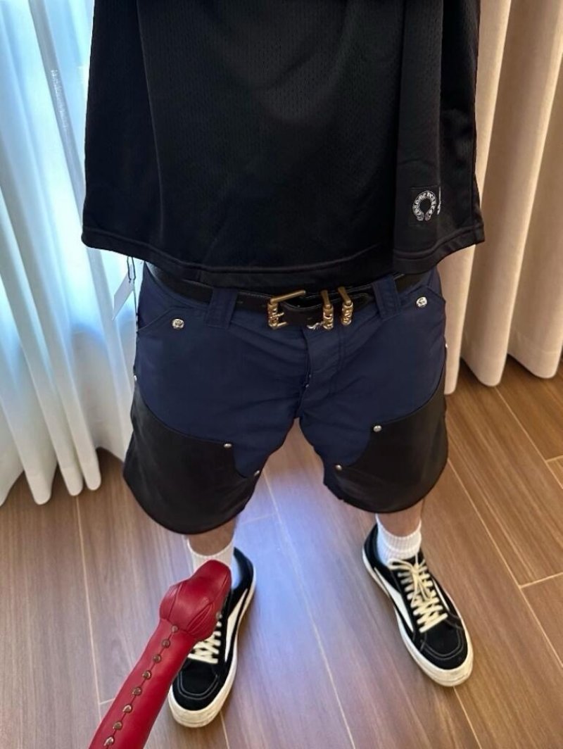 Navy & Black Colorblock Shorts with Gold Chain Belt