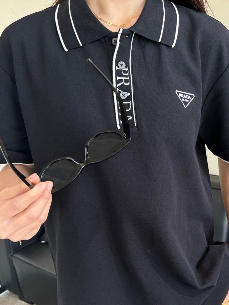 Prada Navy Polo Shirt with Striped Collar