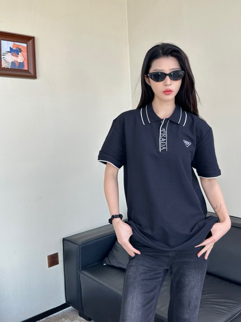 Prada Navy Polo Shirt with Striped Collar view